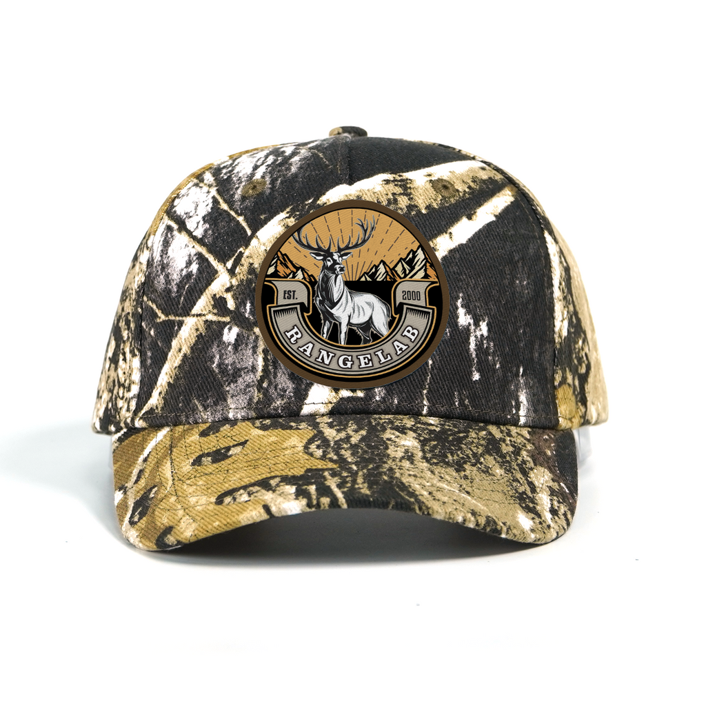 RANGELAB Camo Outdoor Adventure Hat – Adjustable Snapback Hunting Cap with Animal Leather Patch (Deer / Cheetah / Eagle)