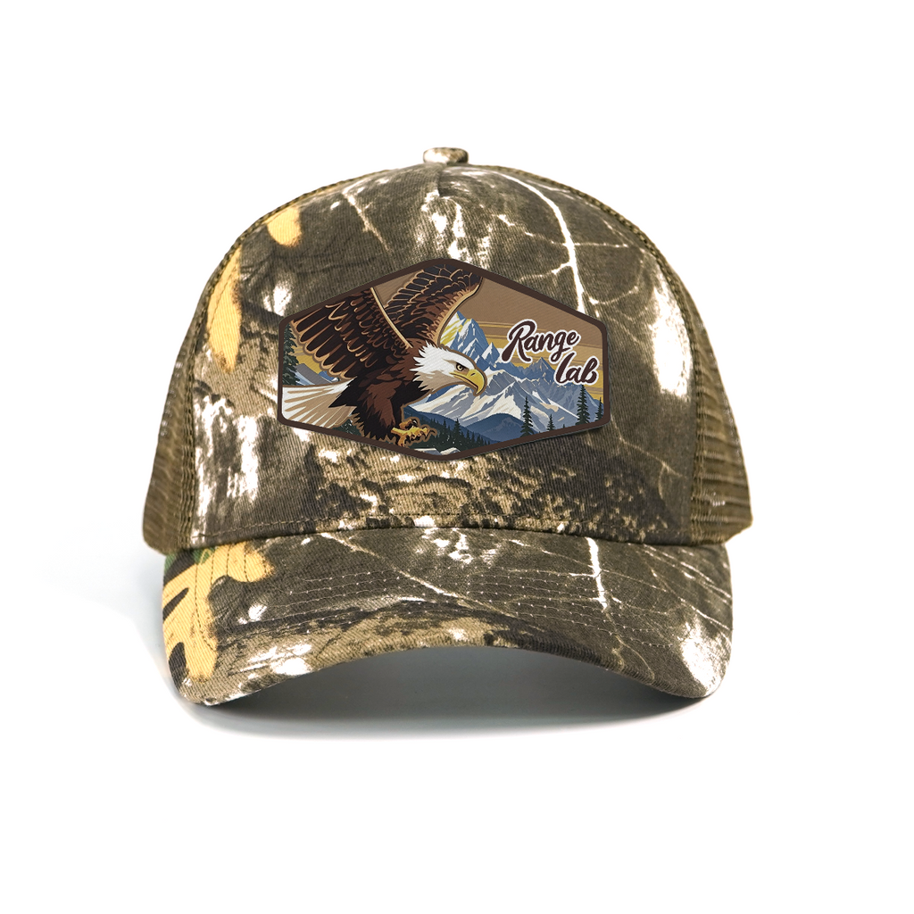 RANGELAB Camo Trucker Hat for Men & Women – Outdoor Mesh Snapback Cap with Eagle, Cheetah & Deer Patches – Adjustable Hunting & Hiking Hat
