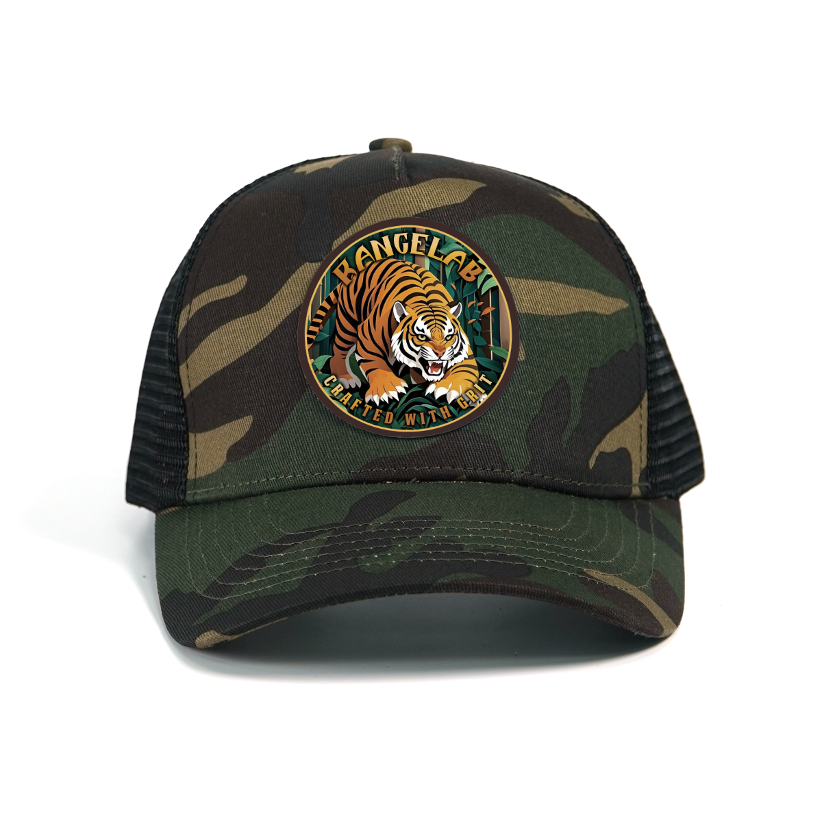 RANGELAB Camo Trucker Hat for Men & Women – Adjustable Mesh Snapback Cap with Leather Patch | Eagle, Tiger & Bear Outdoor Adventure Hats | Breathable Camo Baseball Cap