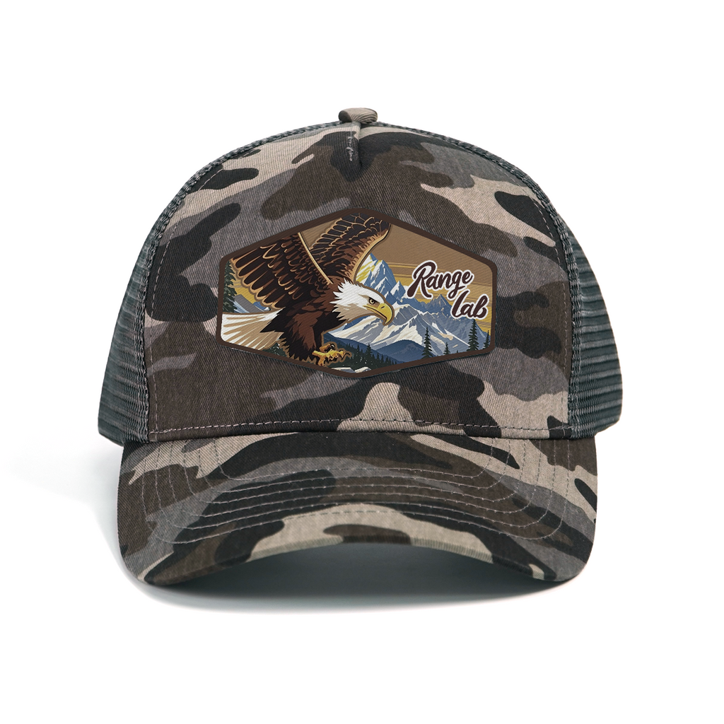 RANGELAB Camo Trucker Hat for Men & Women – Outdoor Mesh Snapback Cap with Eagle, Bear or Tiger Patch – Adjustable Fit, Breathable Camouflage Hat for Hiking, Camping & Everyday Wear