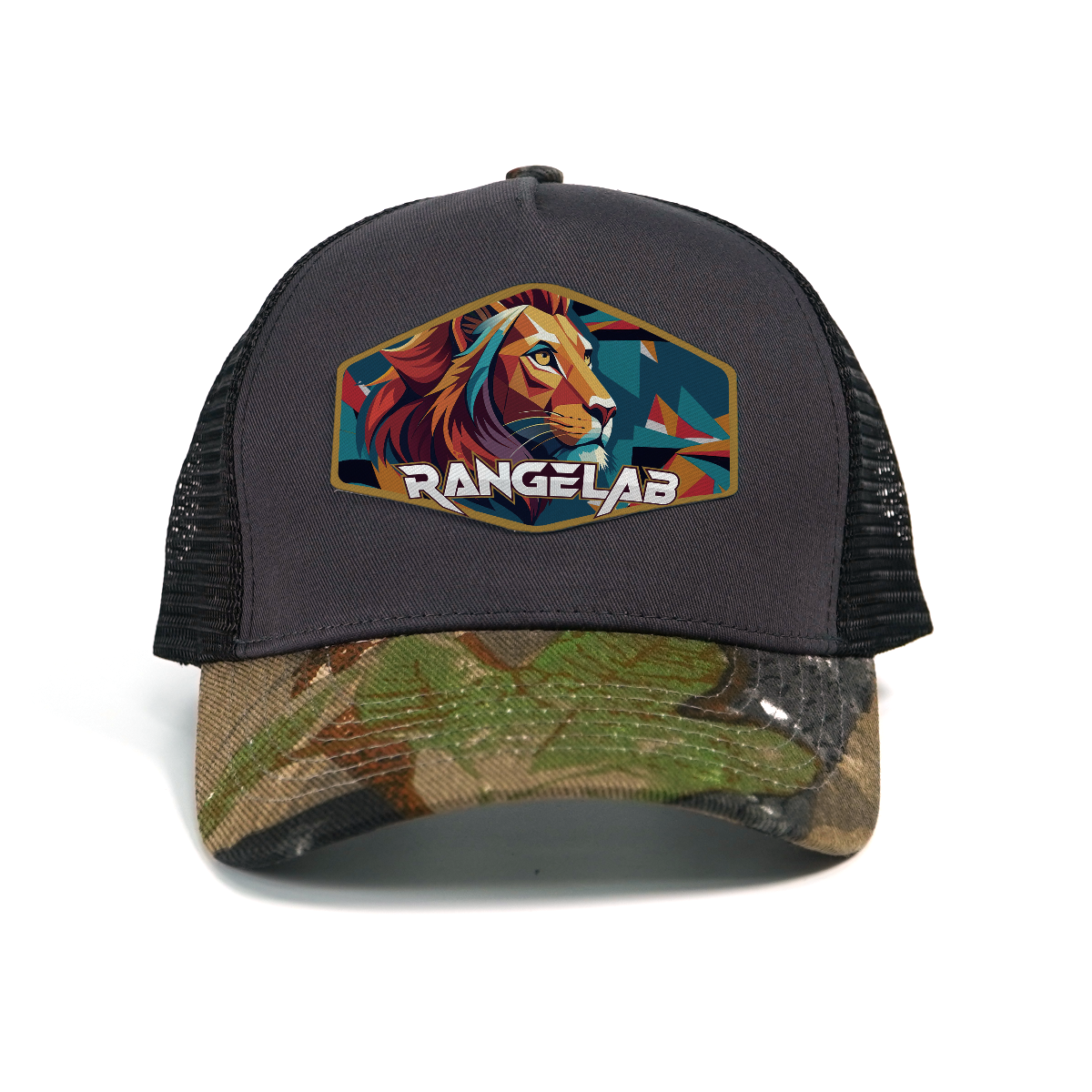 RANGELAB Outdoor Camo Trucker Hat for Men & Women – Breathable Mesh Back Snapback Cap with Leather-Look Wildlife Patch (Lion, Bear, or Deer Design) – Adjustable, Stylish, and Durable for Hiking, Fishing & Everyday Wear
