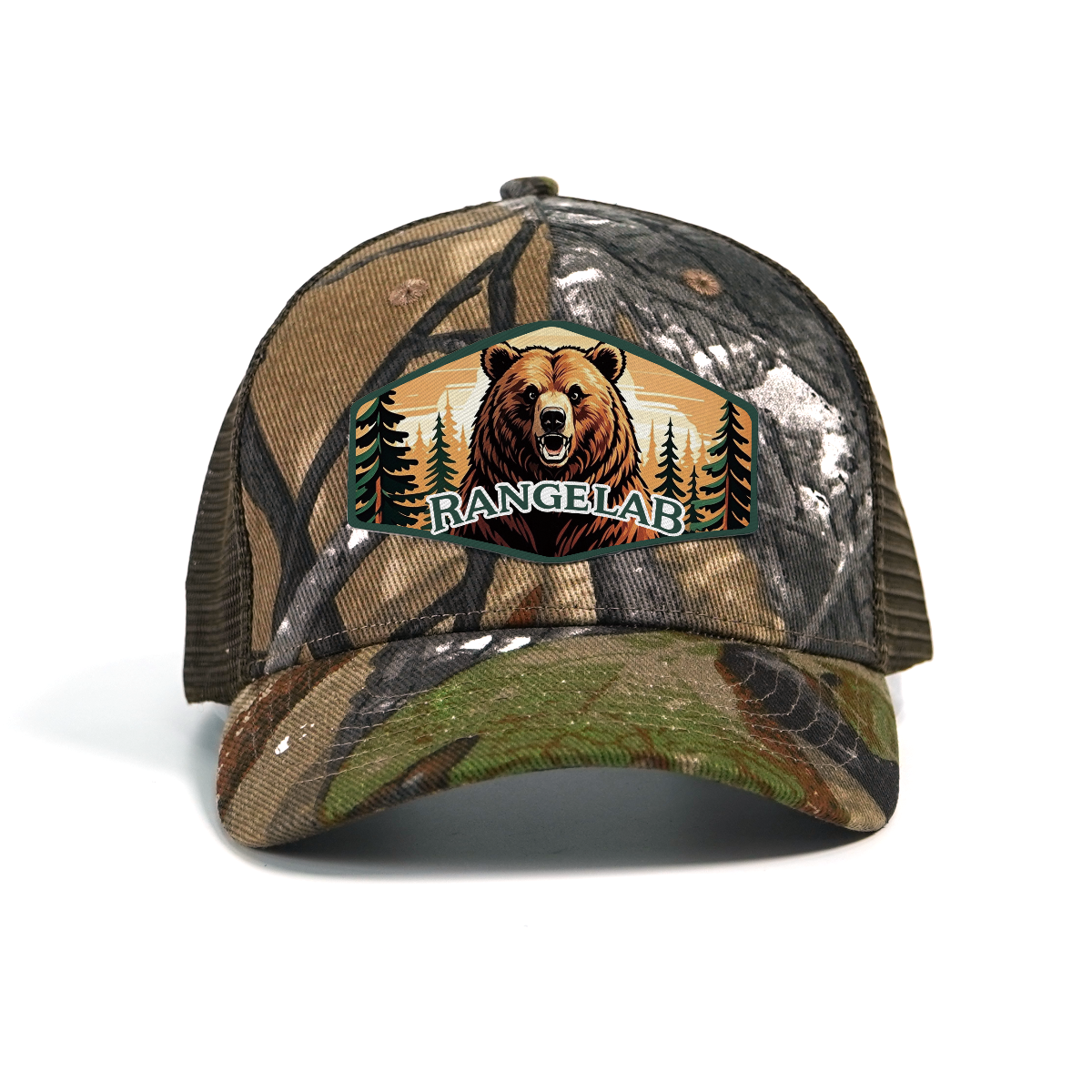 RANGELAB Camo Trucker Hat – Outdoor Mesh Snapback Cap for Men & Women | Adjustable Hunting Hat with Embroidered Leather Patch