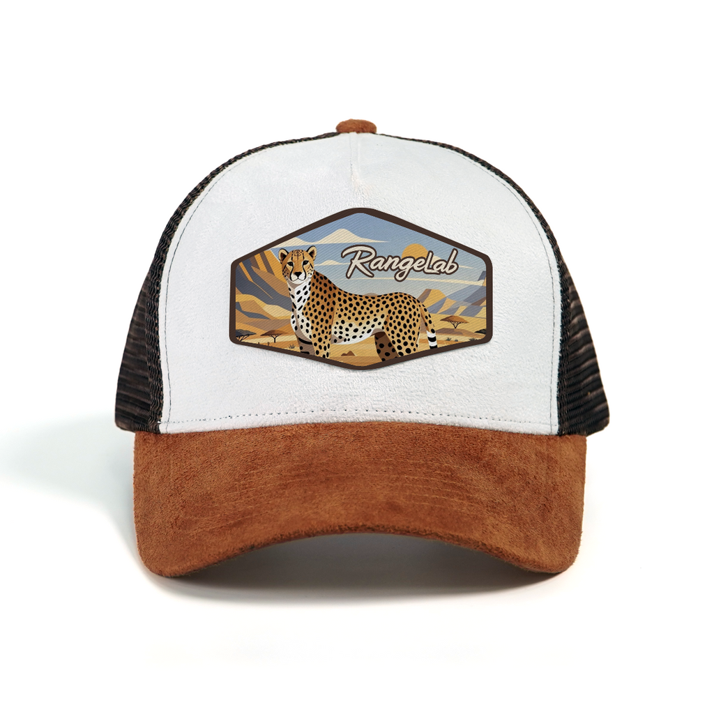 RANGELAB Trucker Hat – Vintage Leather Patch Mesh Cap for Men & Women | Outdoor Adventure Cheetah & Elk Designs | Adjustable Snapback Hiking Hat