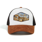 RANGELAB Trucker Hat – Vintage Leather Patch Mesh Cap for Men & Women | Outdoor Adventure Cheetah & Elk Designs | Adjustable Snapback Hiking Hat