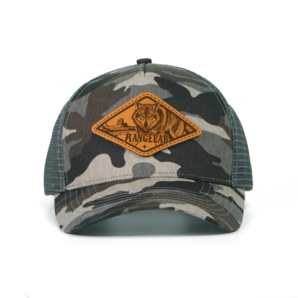 RANGLAB Camo Trucker Hat with Leather Animal Patch - UPF 50+, Mesh Back, Adjustable Fit