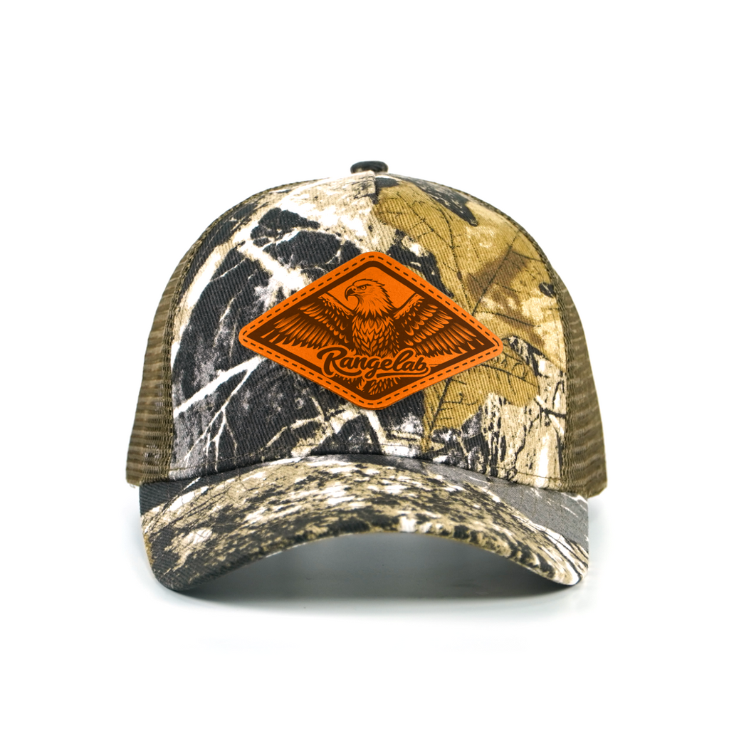 Rangelab Camo Trucker Hat - Adjustable Snapback with Leather Wildlife Patch | Outdoor Hunting Hiking