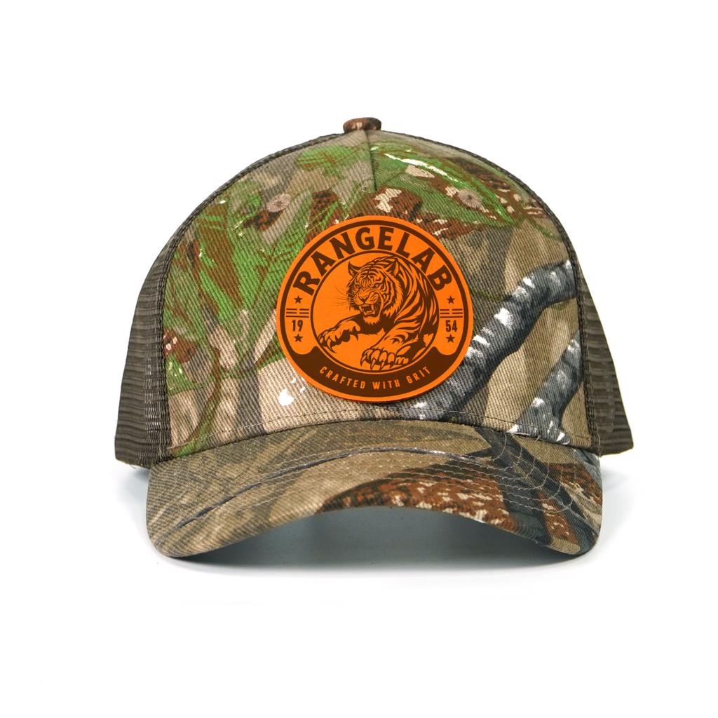 RANGELAB Camo Trucker Hat with Leather Animal Patch – Adjustable Mesh Back for Outdoor & Hunting