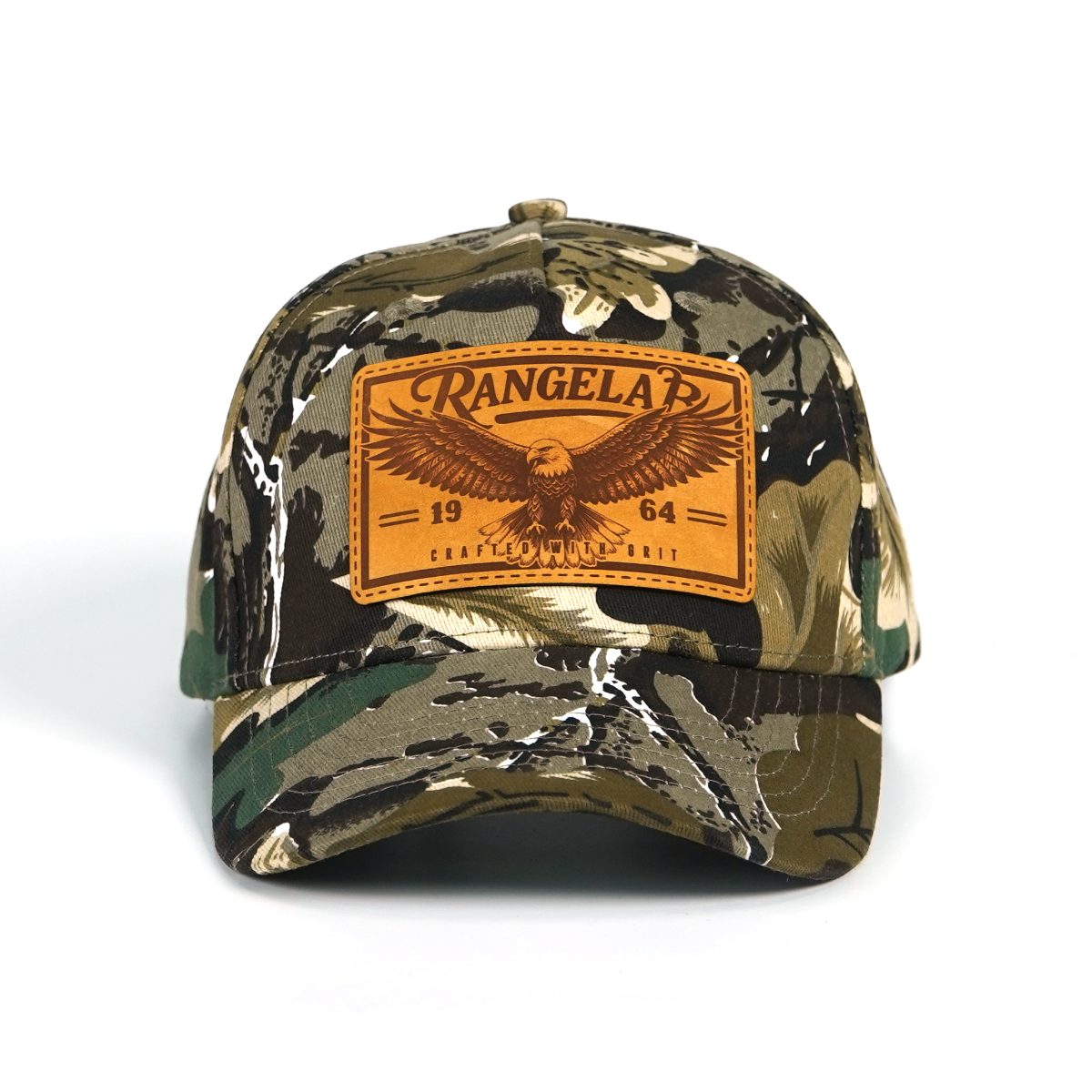 Rangelab Camo Snapback Hat - Genuine Leather Animal Patch (Bear/Croc/Tiger/Eagle/Scorpion) | Adjustable Outdoor Streetwear Cap, 22.5"-25" Fit