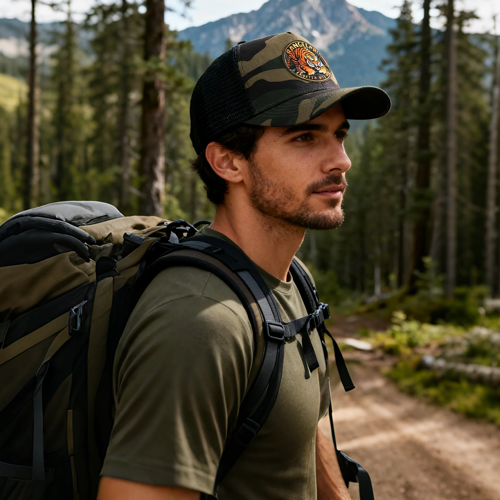 RANGELAB Camo Trucker Hat for Men & Women – Adjustable Mesh Snapback Cap with Leather Patch | Eagle, Tiger & Bear Outdoor Adventure Hats | Breathable Camo Baseball Cap