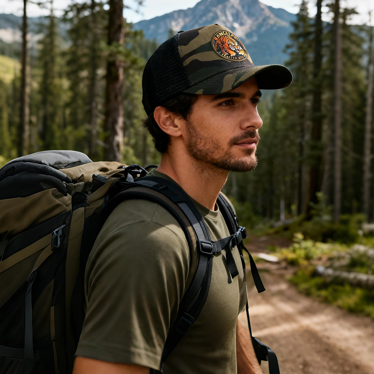 RANGELAB Camo Trucker Hat for Men & Women – Adjustable Mesh Snapback Cap with Leather Patch | Eagle, Tiger & Bear Outdoor Adventure Hats | Breathable Camo Baseball Cap