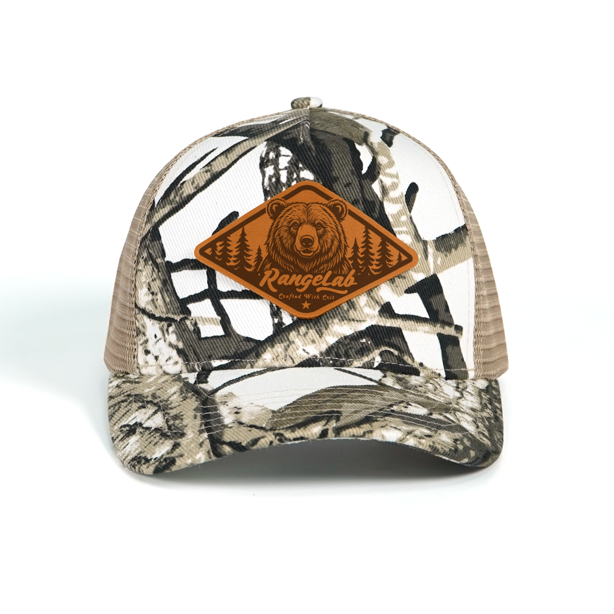 Rangelab Camo Trucker Hat - Adjustable Snapback with Leather Wildlife Patch (Bear, Eagle, Moose & More)