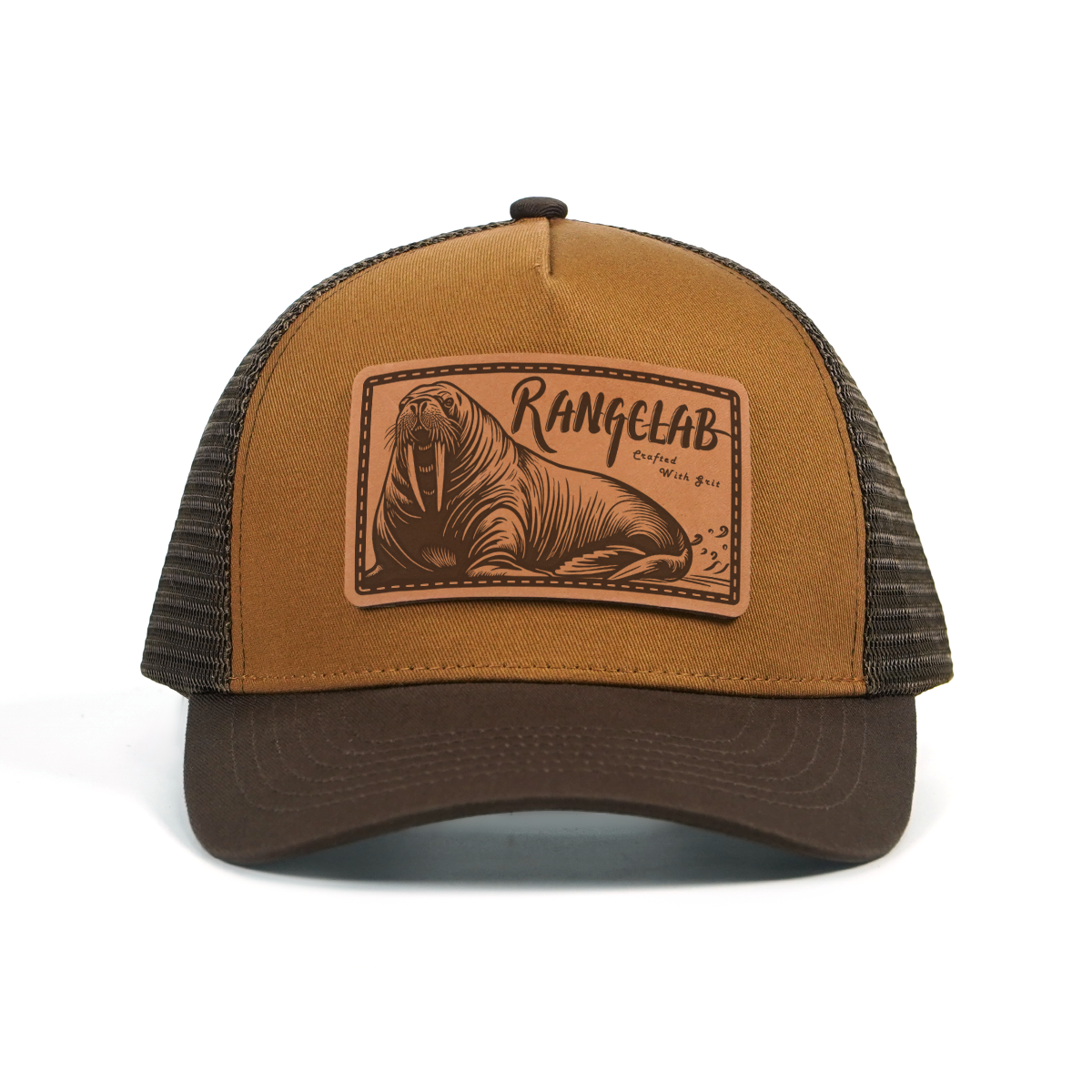 RANGELAB Leather Patch Trucker Hat – Vintage Brown Outdoor Cap (Snake / Wolf / Walrus / Scorpion / Gator)