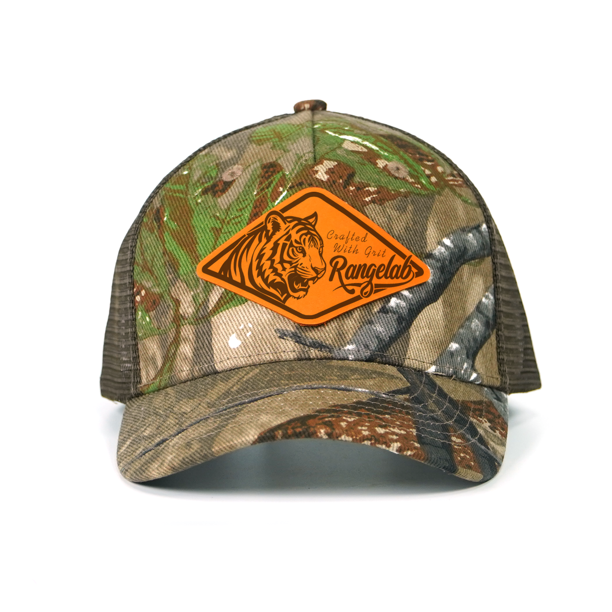 RANGELAB Camo Trucker Hat with Leather Animal Patch – Adjustable Mesh Back for Outdoor & Hunting