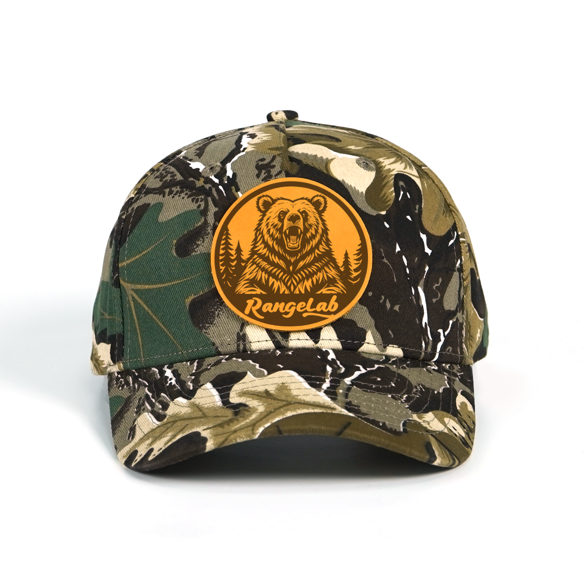 Rangelab Camo Snapback Hat - Genuine Leather Animal Patch (Bear/Croc/Tiger/Eagle/Scorpion) | Adjustable Outdoor Streetwear Cap, 22.5"-25" Fit