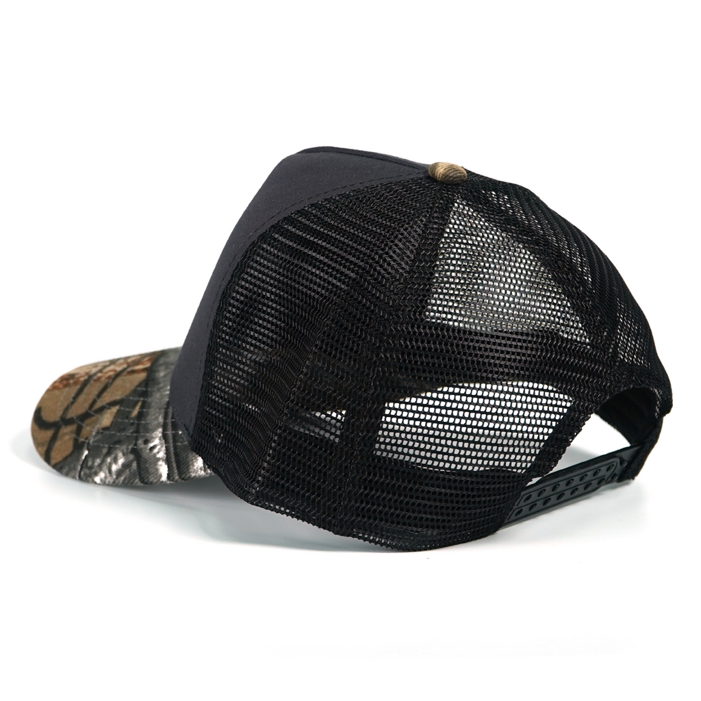 RANGELAB Outdoor Camo Trucker Hat for Men & Women – Breathable Mesh Back Snapback Cap with Leather-Look Wildlife Patch (Lion, Bear, or Deer Design) – Adjustable, Stylish, and Durable for Hiking, Fishing & Everyday Wear