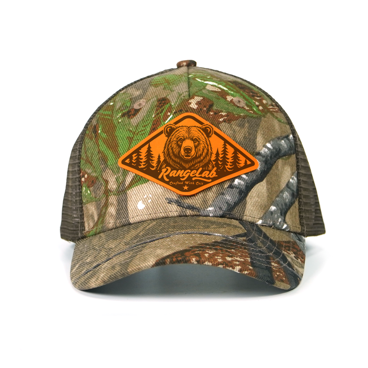 RANGELAB Camo Trucker Hat with Leather Animal Patch – Adjustable Mesh Back for Outdoor & Hunting