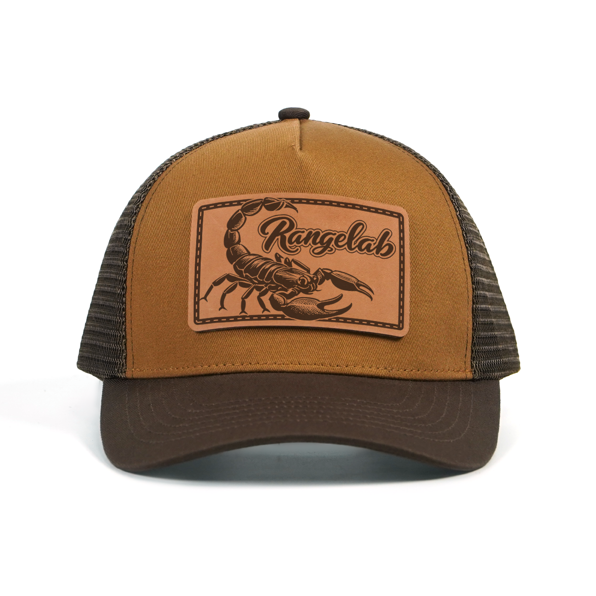 RANGELAB Leather Patch Trucker Hat – Vintage Brown Outdoor Cap (Snake / Wolf / Walrus / Scorpion / Gator)