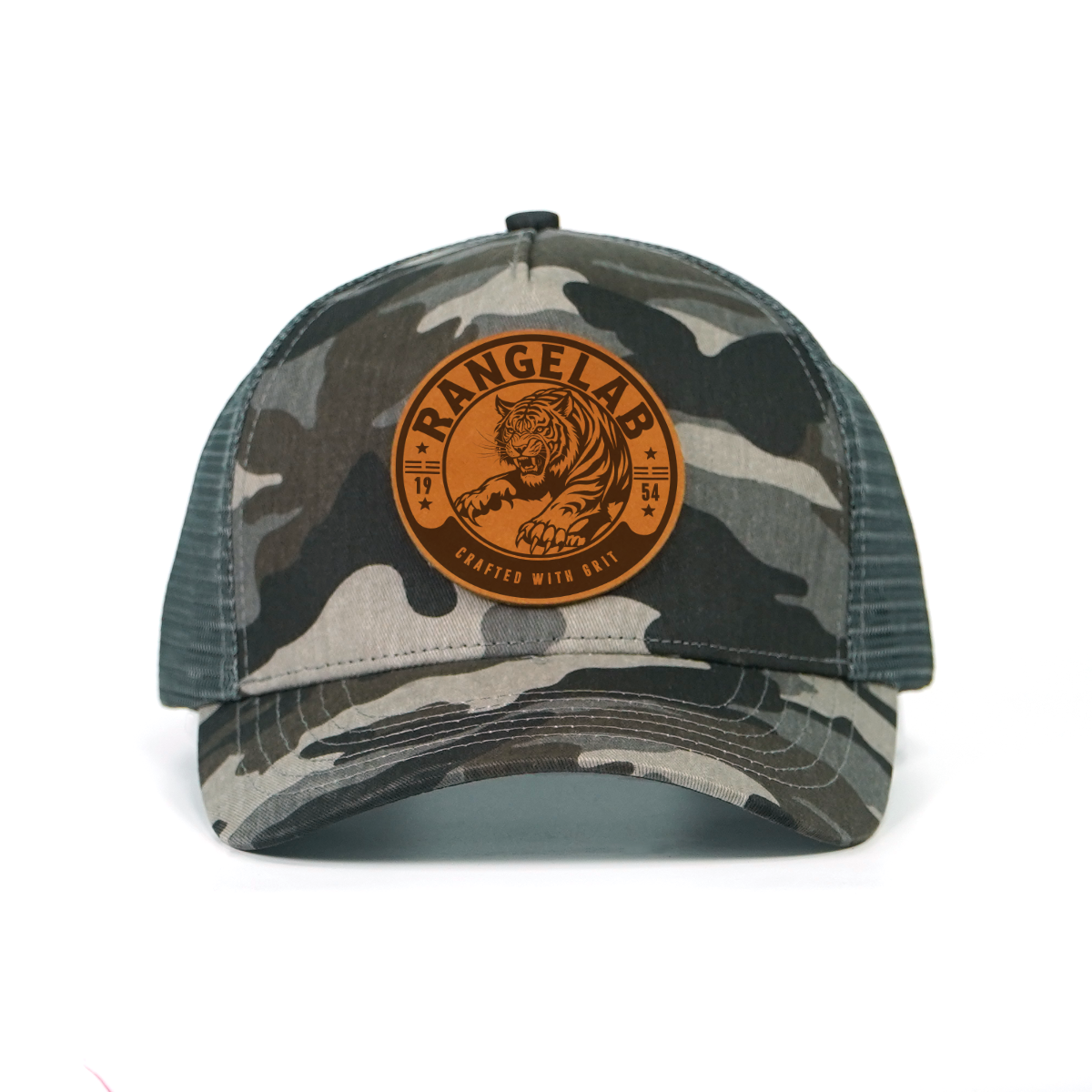 RANGLAB Camo Trucker Hat with Leather Animal Patch - UPF 50+, Mesh Back, Adjustable Fit