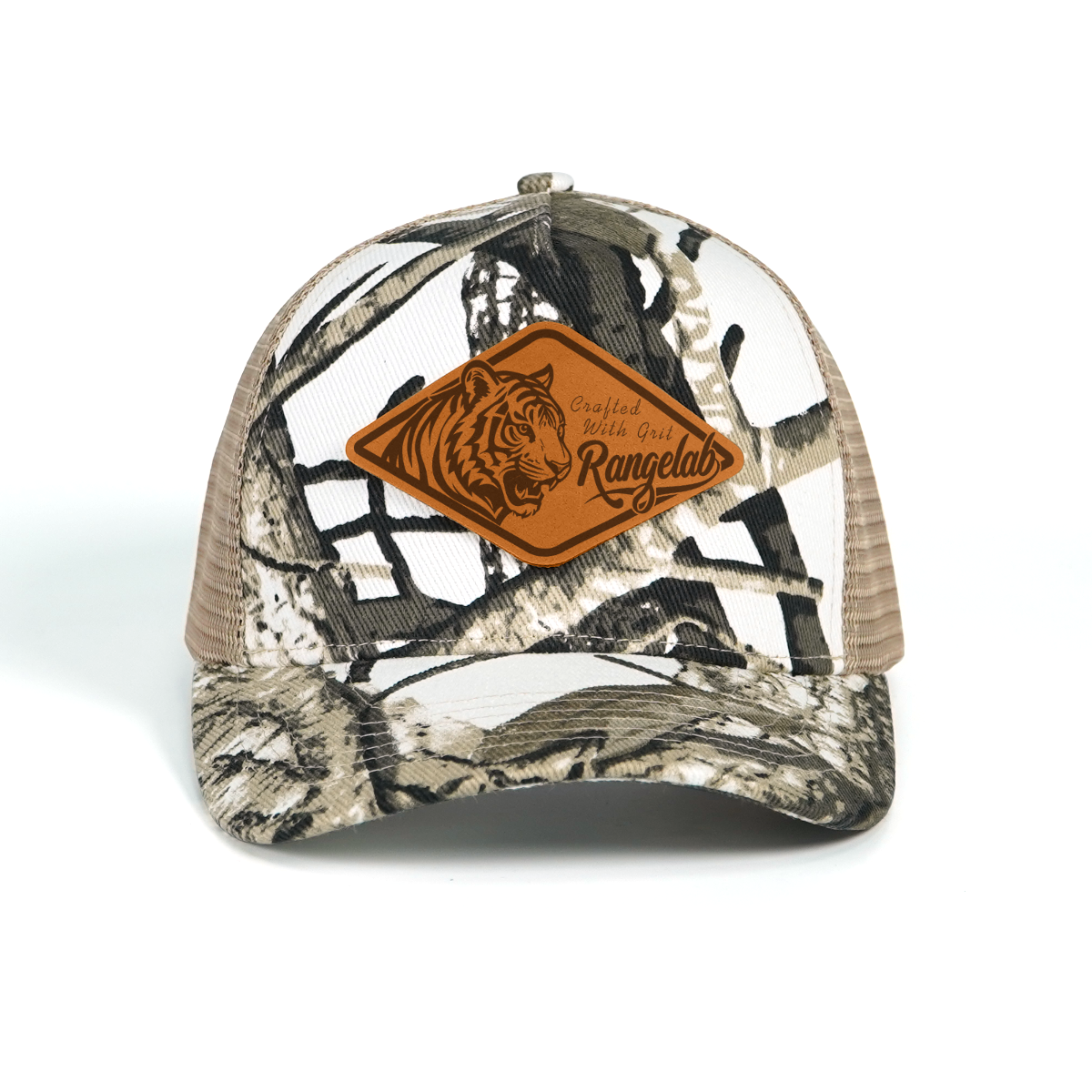 Rangelab Camo Trucker Hat - Adjustable Snapback with Leather Wildlife Patch (Bear, Eagle, Moose & More)