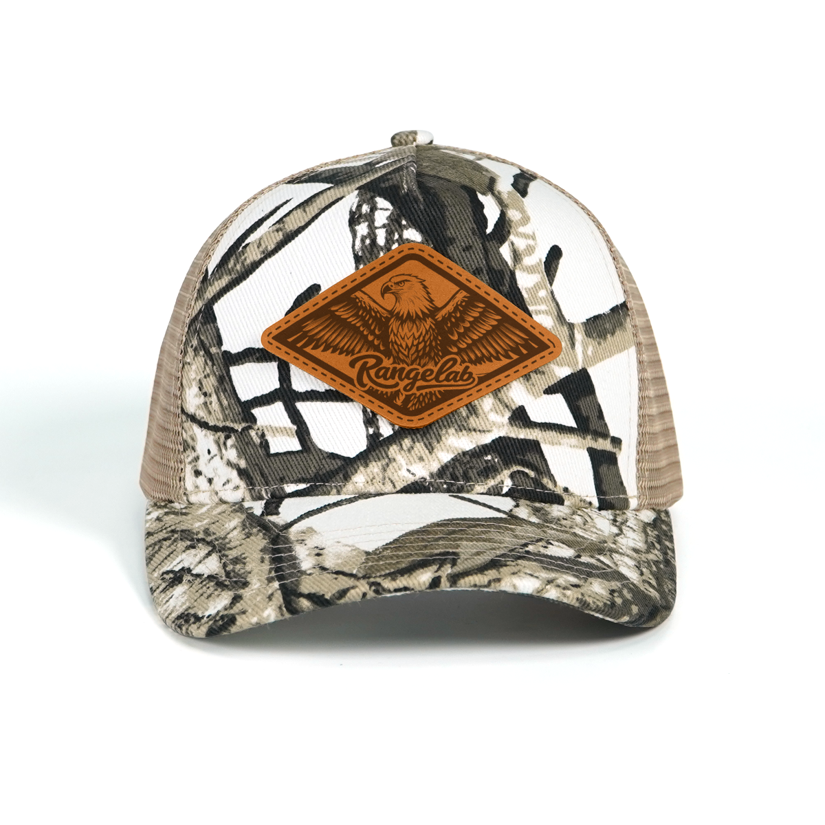 Rangelab Camo Trucker Hat - Adjustable Snapback with Leather Wildlife Patch (Bear, Eagle, Moose & More)