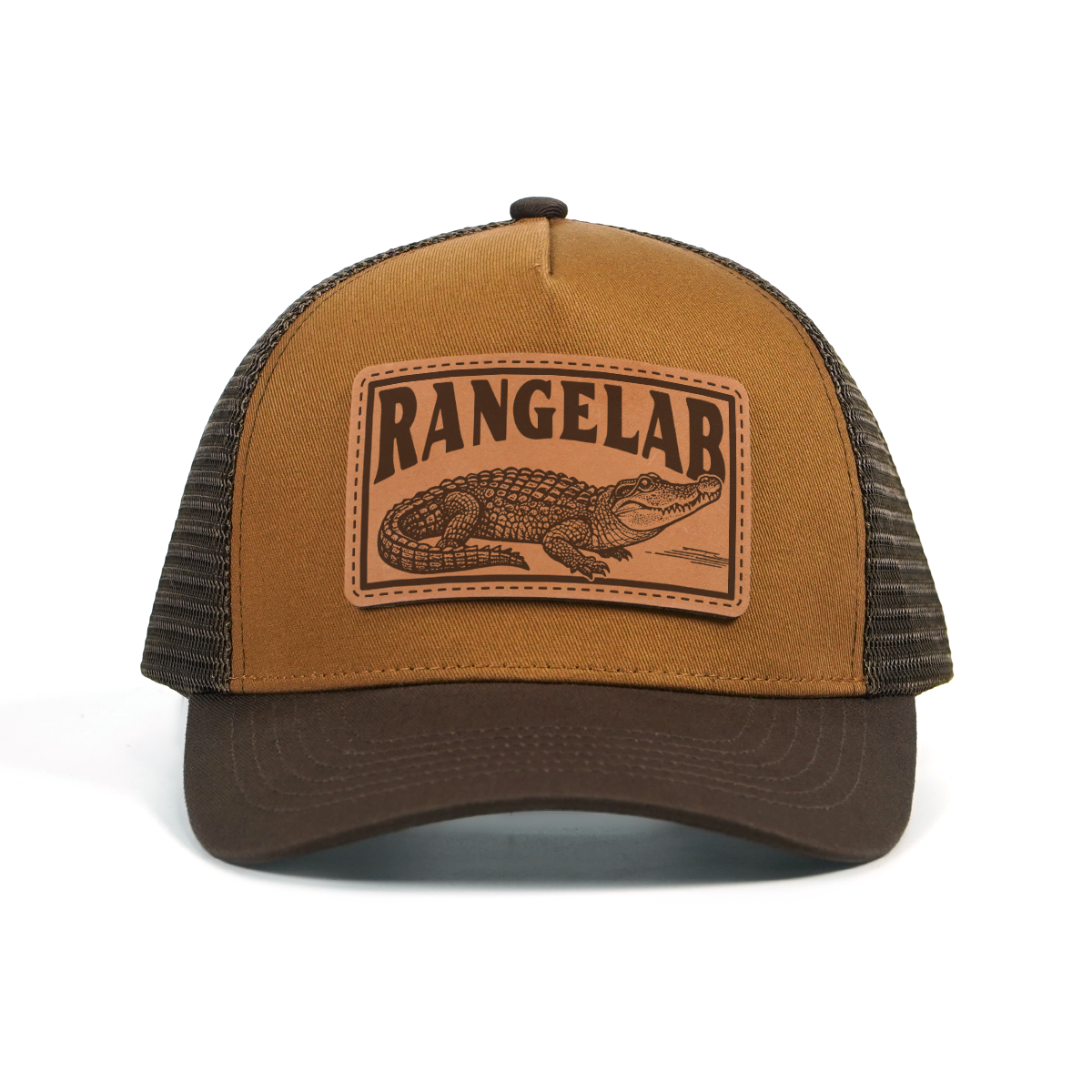 RANGELAB Leather Patch Trucker Hat – Vintage Brown Outdoor Cap (Snake / Wolf / Walrus / Scorpion / Gator)