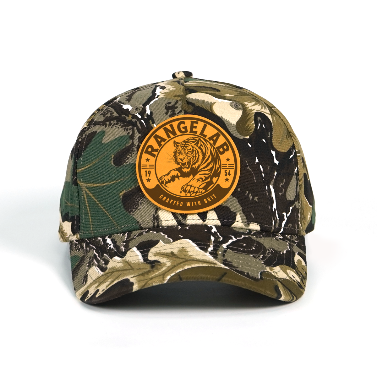 Rangelab Camo Snapback Hat - Genuine Leather Animal Patch (Bear/Croc/Tiger/Eagle/Scorpion) | Adjustable Outdoor Streetwear Cap, 22.5"-25" Fit