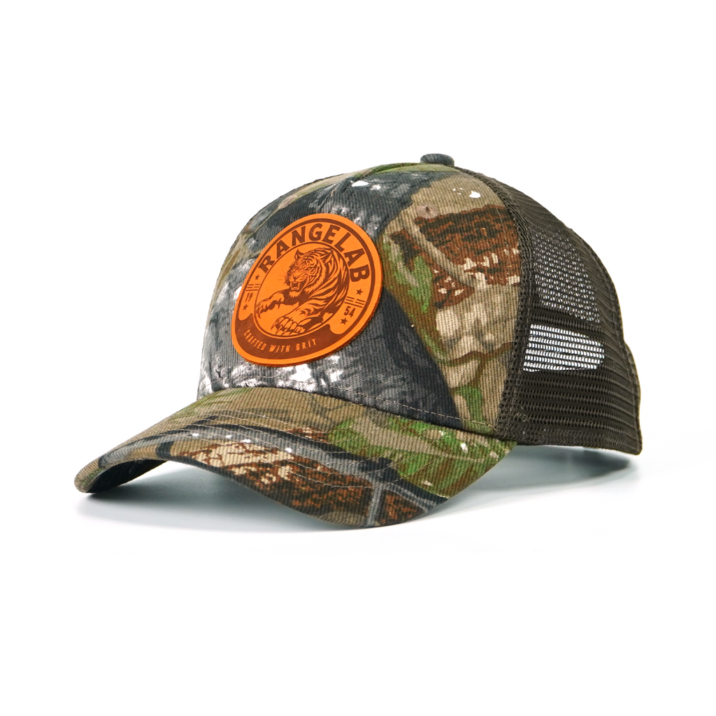 RANGELAB Camo Trucker Hat with Leather Animal Patch – Adjustable Mesh Back for Outdoor & Hunting