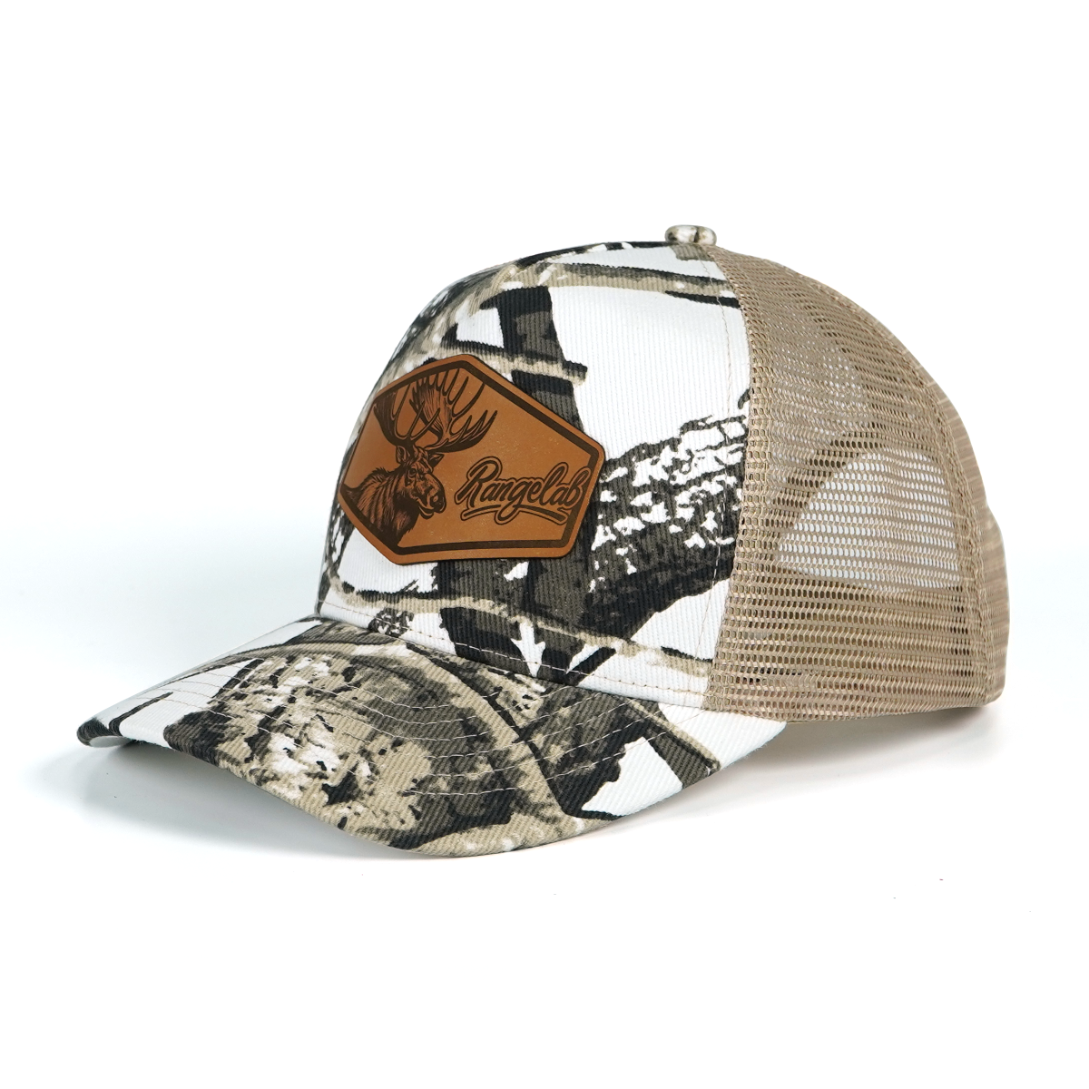 Rangelab Camo Trucker Hat - Adjustable Snapback with Leather Wildlife Patch (Bear, Eagle, Moose & More)