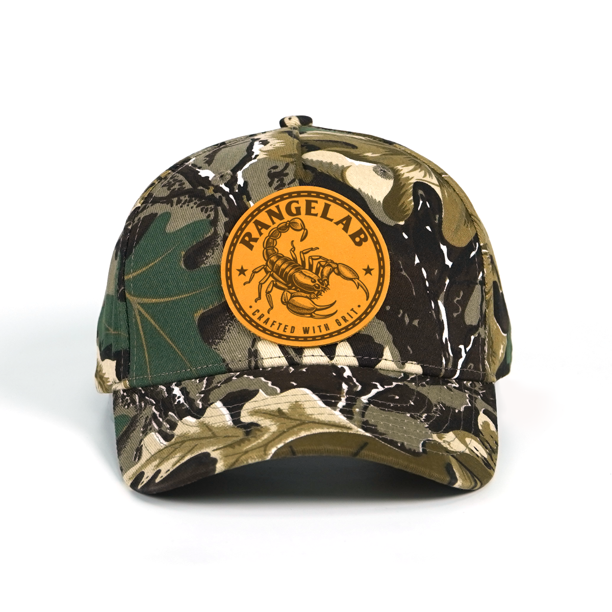 Rangelab Camo Snapback Hat - Genuine Leather Animal Patch (Bear/Croc/Tiger/Eagle/Scorpion) | Adjustable Outdoor Streetwear Cap, 22.5"-25" Fit