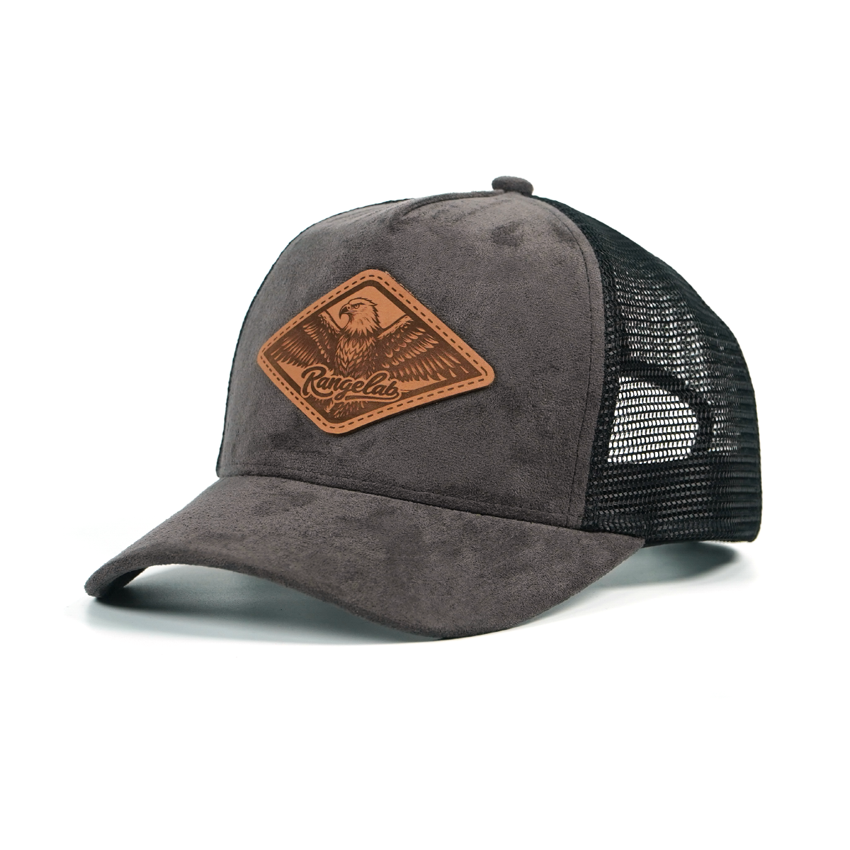 Rangelab Faux Suede Trucker Hat – Breathable Mesh Back, Leather Patch, Adjustable Snapback