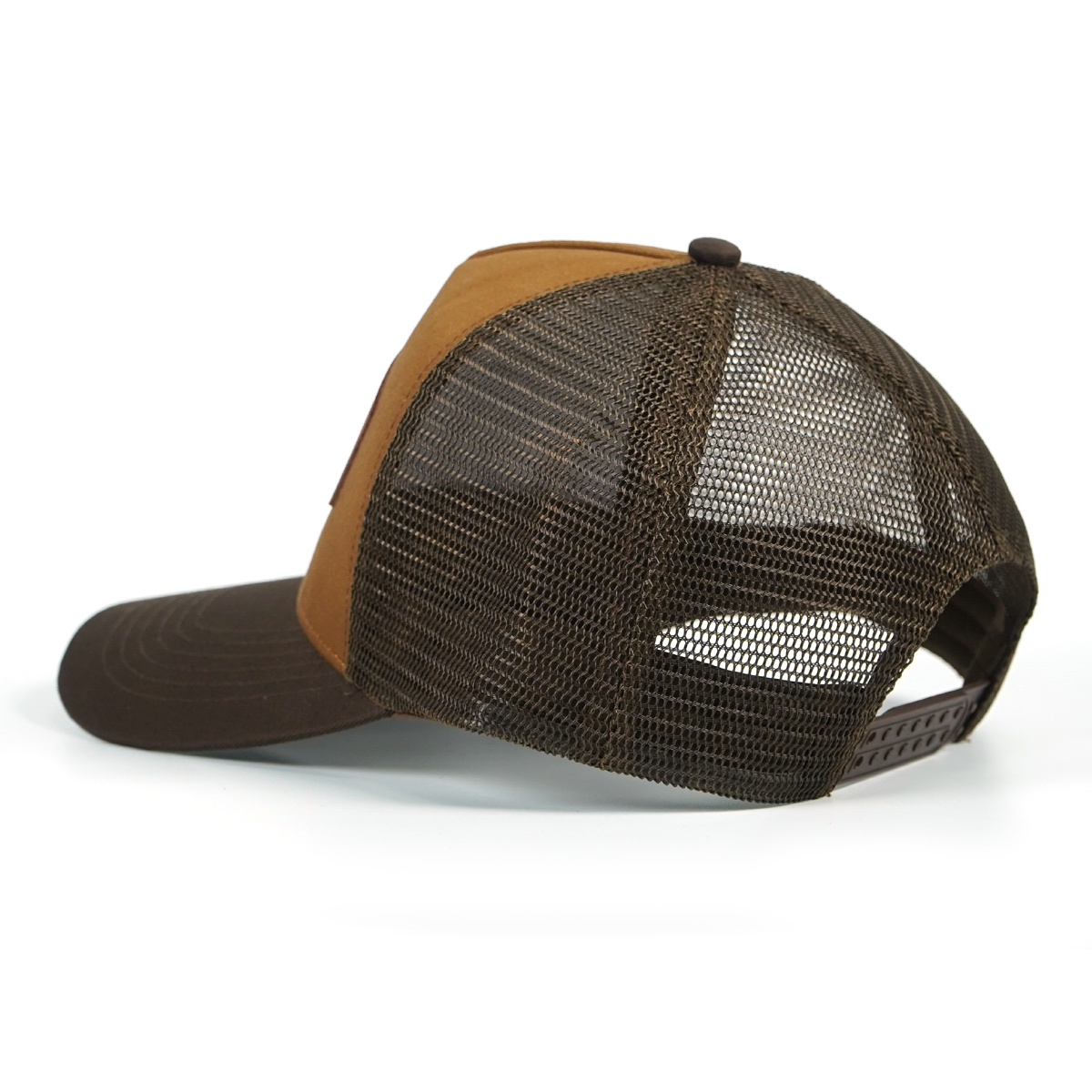 RANGELAB Leather Patch Trucker Hat – Vintage Brown Outdoor Cap (Snake / Wolf / Walrus / Scorpion / Gator)