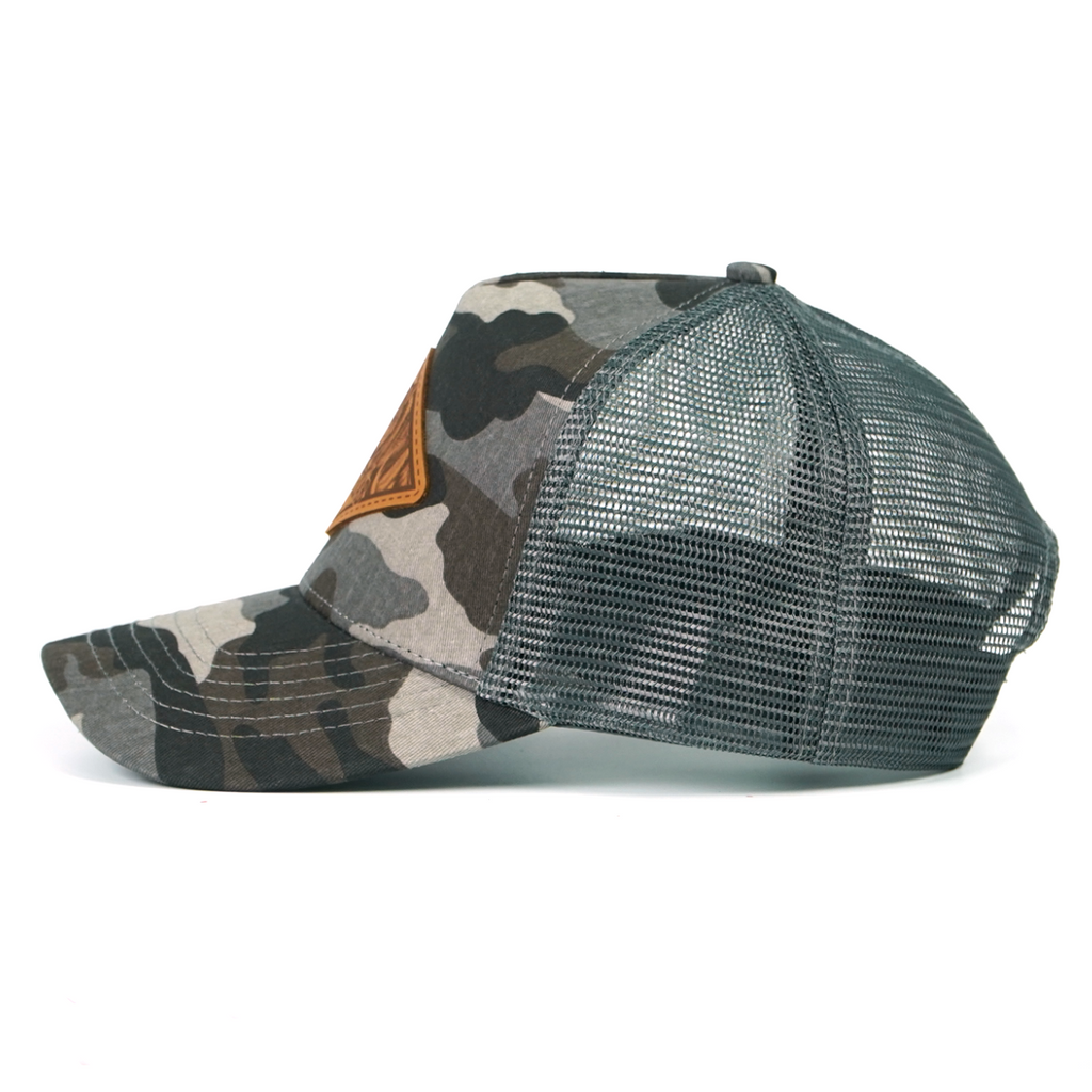 RANGLAB Camo Trucker Hat with Leather Animal Patch - UPF 50+, Mesh Back, Adjustable Fit