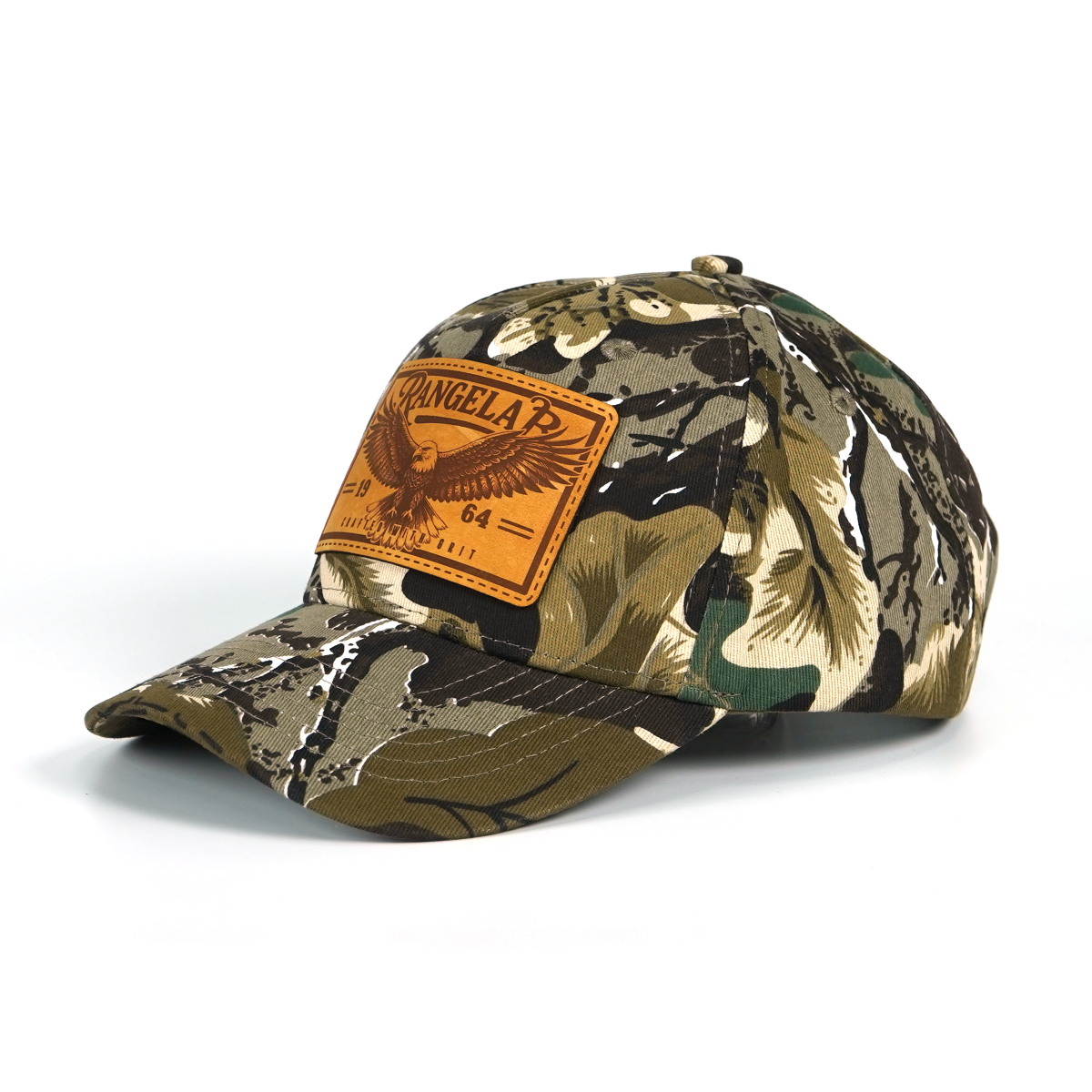 Rangelab Camo Snapback Hat - Genuine Leather Animal Patch (Bear/Croc/Tiger/Eagle/Scorpion) | Adjustable Outdoor Streetwear Cap, 22.5"-25" Fit