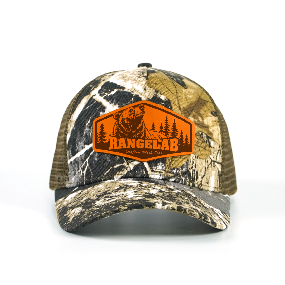 Rangelab Camo Trucker Hat - Adjustable Snapback with Leather Wildlife Patch | Outdoor Hunting Hiking