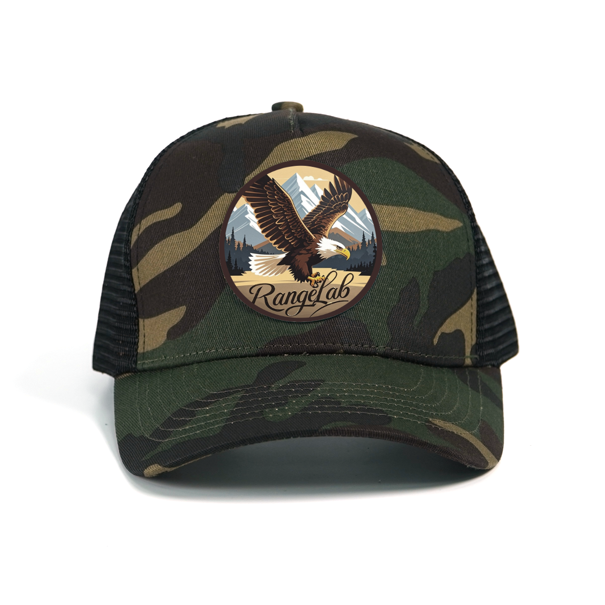 RANGELAB Camo Trucker Hat for Men & Women – Adjustable Mesh Snapback Cap with Leather Patch | Eagle, Tiger & Bear Outdoor Adventure Hats | Breathable Camo Baseball Cap