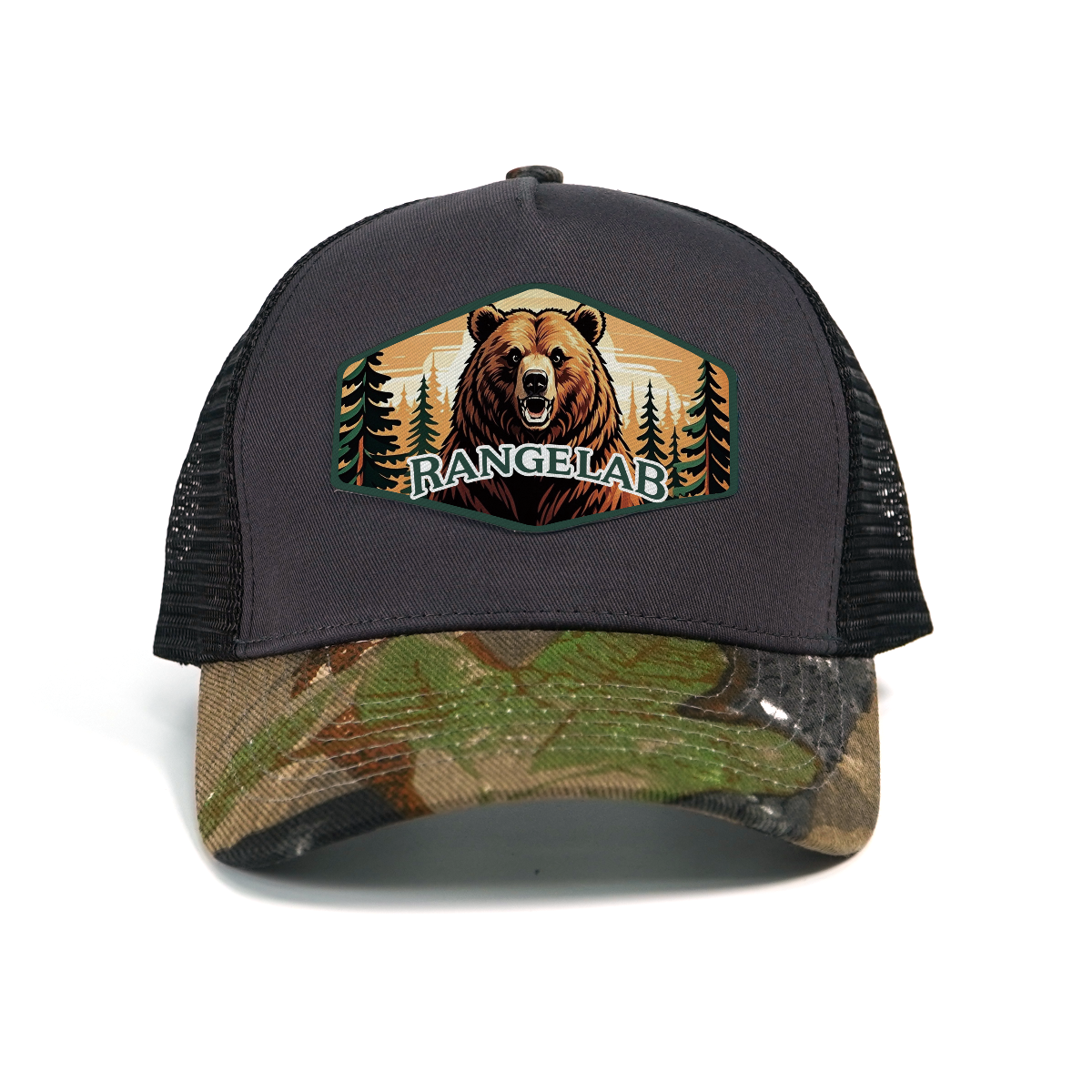 RANGELAB Outdoor Camo Trucker Hat for Men & Women – Breathable Mesh Back Snapback Cap with Leather-Look Wildlife Patch (Lion, Bear, or Deer Design) – Adjustable, Stylish, and Durable for Hiking, Fishing & Everyday Wear
