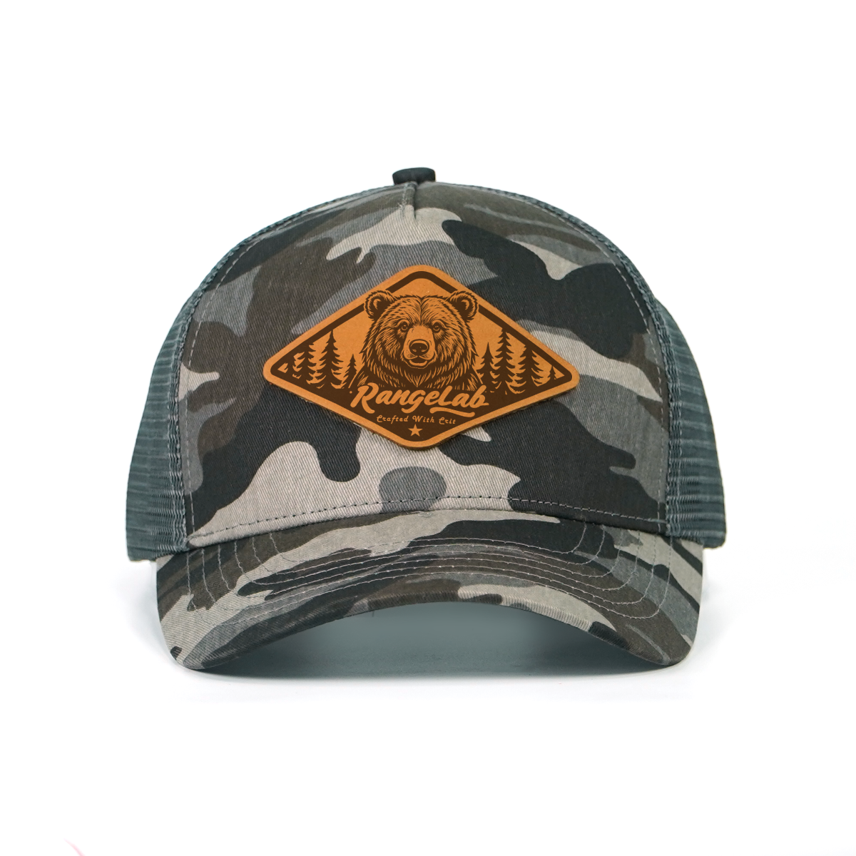 RANGLAB Camo Trucker Hat with Leather Animal Patch - UPF 50+, Mesh Back, Adjustable Fit
