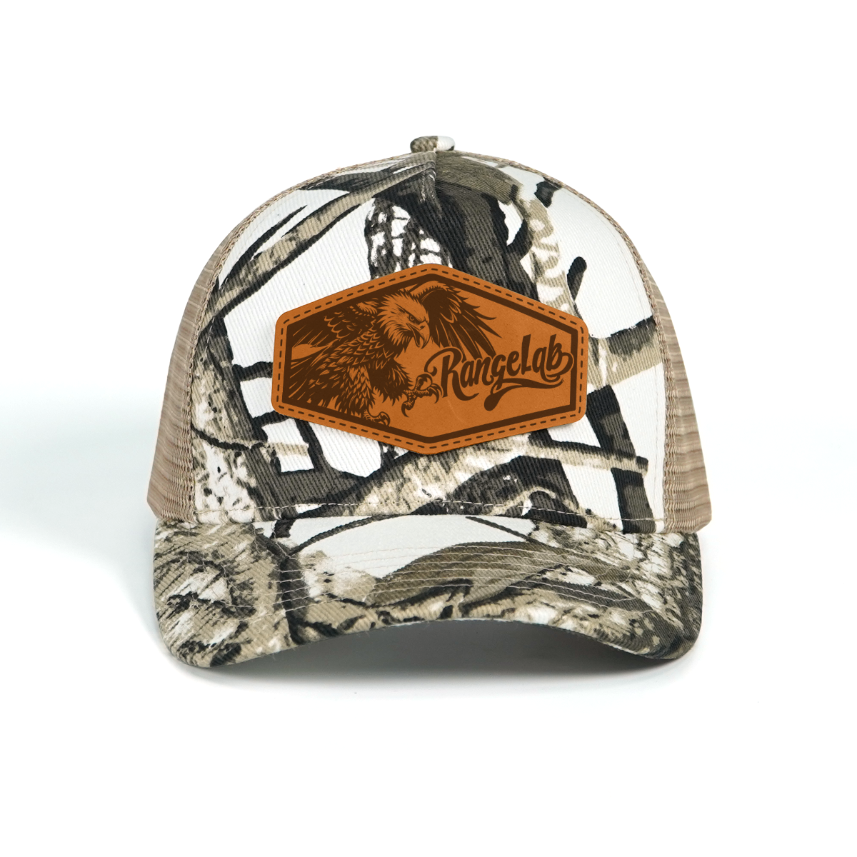 Rangelab Camo Trucker Hat - Adjustable Snapback with Leather Wildlife Patch (Bear, Eagle, Moose & More)