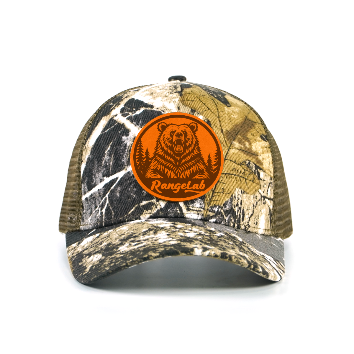 Rangelab Camo Trucker Hat - Adjustable Snapback with Leather Wildlife Patch | Outdoor Hunting Hiking