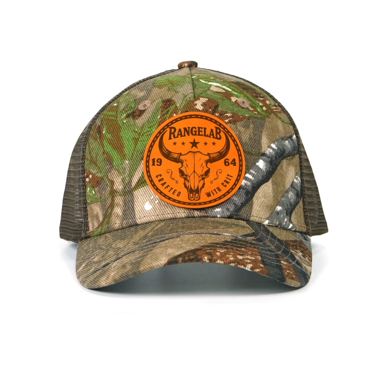 RANGELAB Camo Trucker Hat with Leather Animal Patch – Adjustable Mesh Back for Outdoor & Hunting