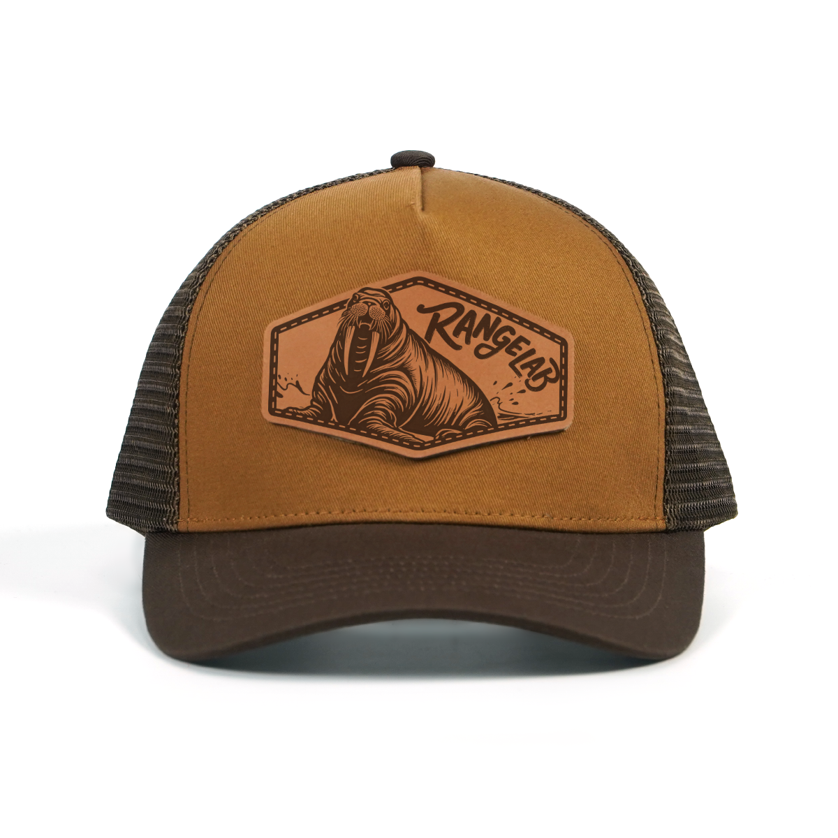 RANGELAB Leather Patch Trucker Hat – Vintage Brown Outdoor Cap (Snake / Wolf / Walrus / Scorpion / Gator)