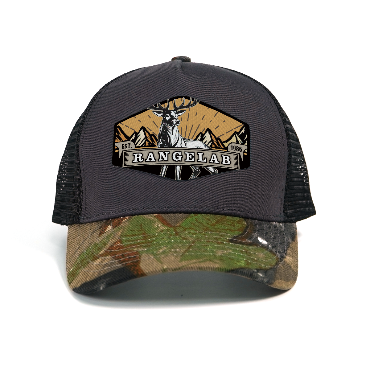 RANGELAB Outdoor Camo Trucker Hat for Men & Women – Breathable Mesh Back Snapback Cap with Leather-Look Wildlife Patch (Lion, Bear, or Deer Design) – Adjustable, Stylish, and Durable for Hiking, Fishing & Everyday Wear
