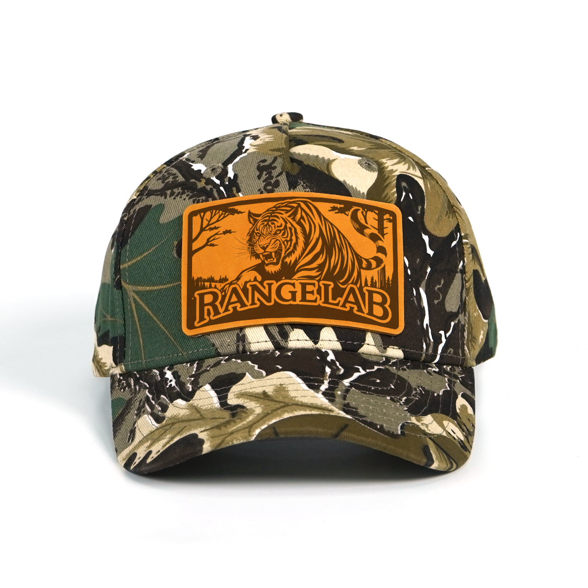Rangelab Camo Snapback Hat - Genuine Leather Animal Patch (Bear/Croc/Tiger/Eagle/Scorpion) | Adjustable Outdoor Streetwear Cap, 22.5"-25" Fit
