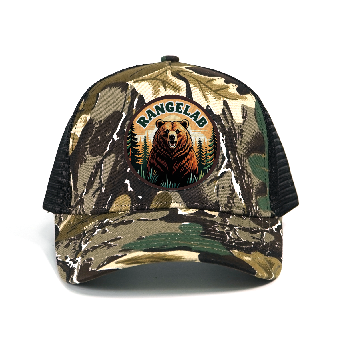 RANGELAB Camo Trucker Hat for Men & Women – Adjustable Mesh Snapback Cap with Lion, Tiger, or Bear Patch – Outdoor Adventure Hunting & Hiking Baseball Hat