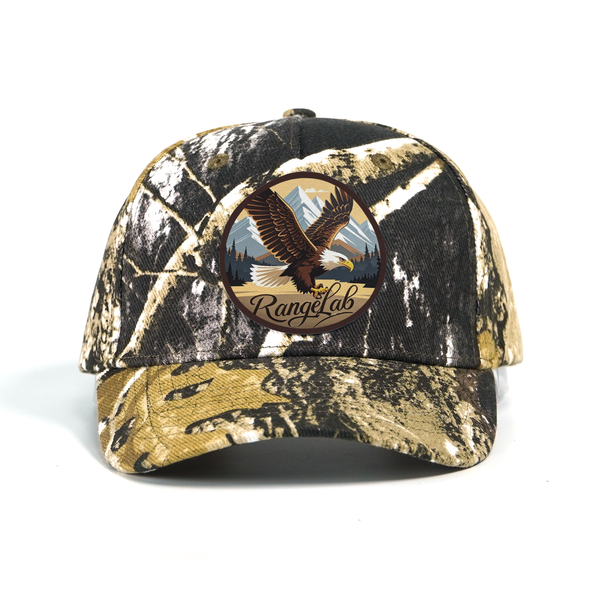RANGELAB Camo Outdoor Adventure Hat – Adjustable Snapback Hunting Cap with Animal Leather Patch (Deer / Cheetah / Eagle)