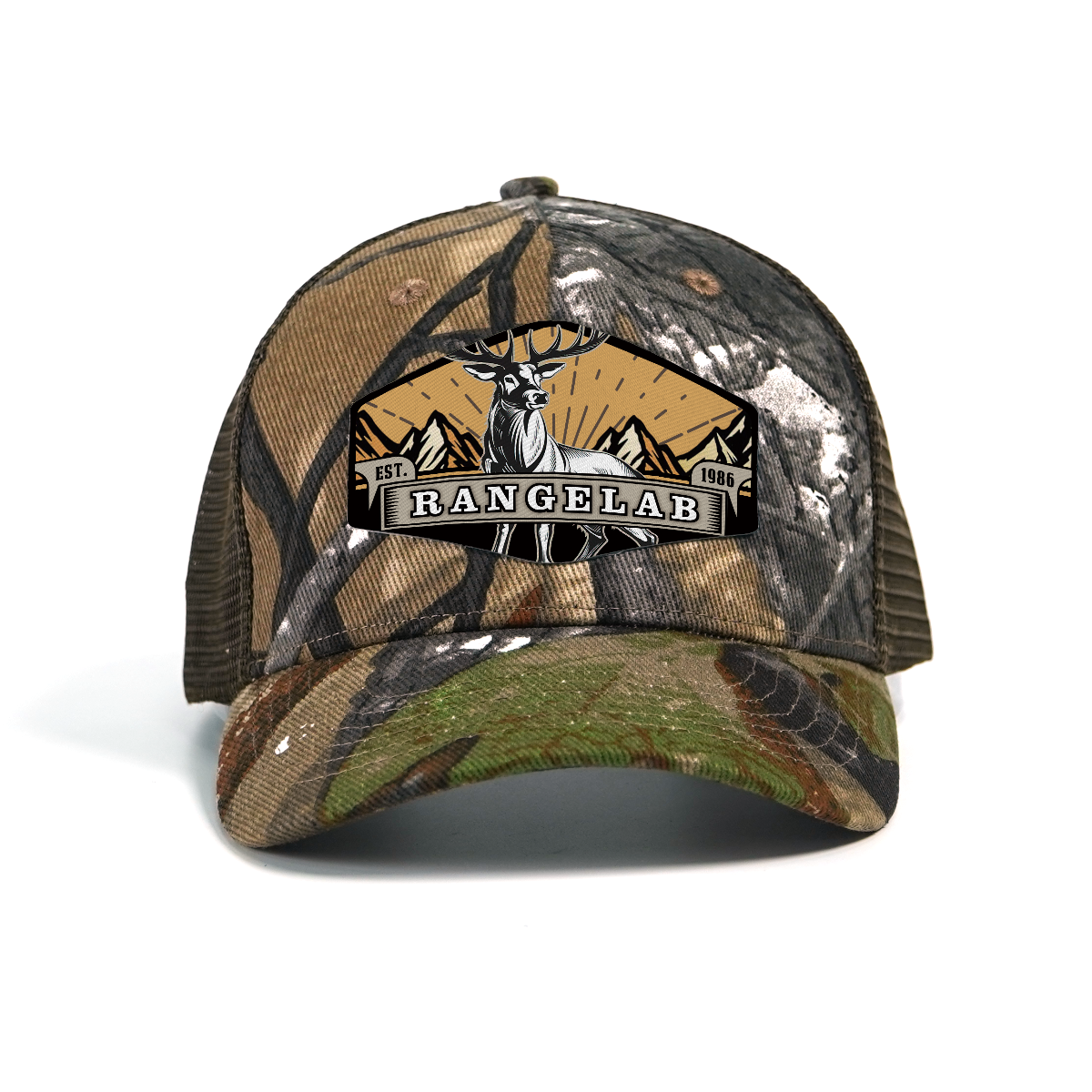 RANGELAB Camo Trucker Hat – Outdoor Mesh Snapback Cap for Men & Women | Adjustable Hunting Hat with Embroidered Leather Patch