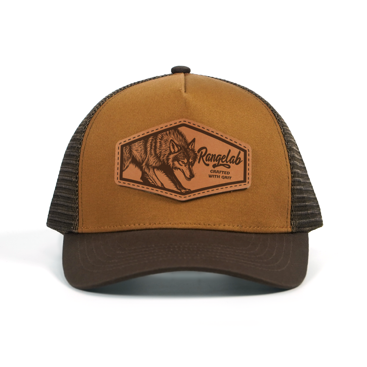 RANGELAB Leather Patch Trucker Hat – Vintage Brown Outdoor Cap (Snake / Wolf / Walrus / Scorpion / Gator)