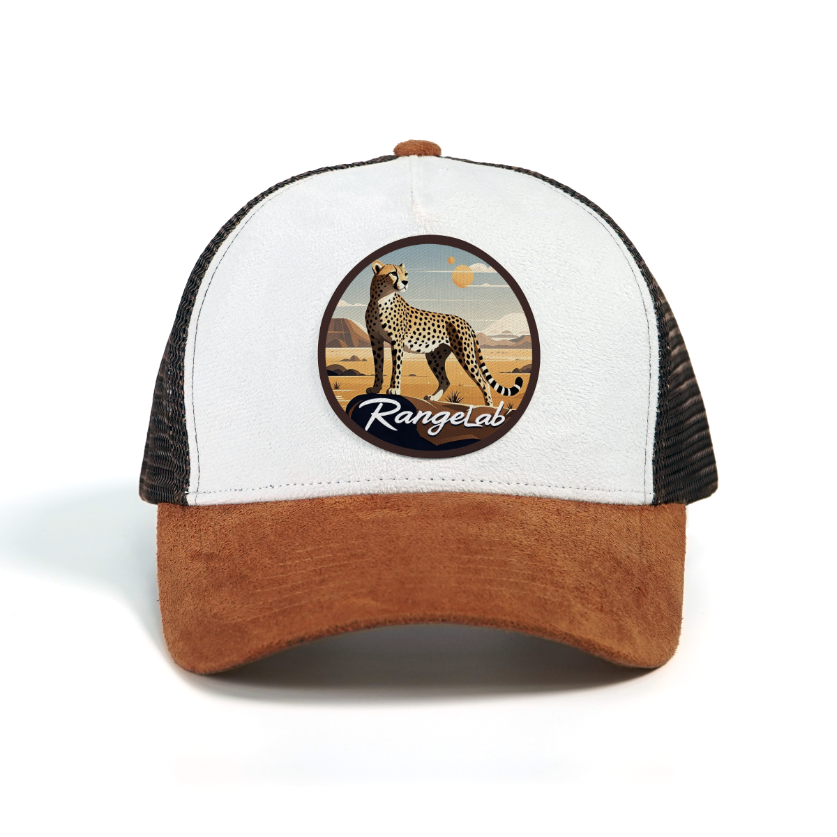 RANGELAB Trucker Hat – Vintage Leather Patch Mesh Cap for Men & Women | Outdoor Adventure Cheetah & Elk Designs | Adjustable Snapback Hiking Hat
