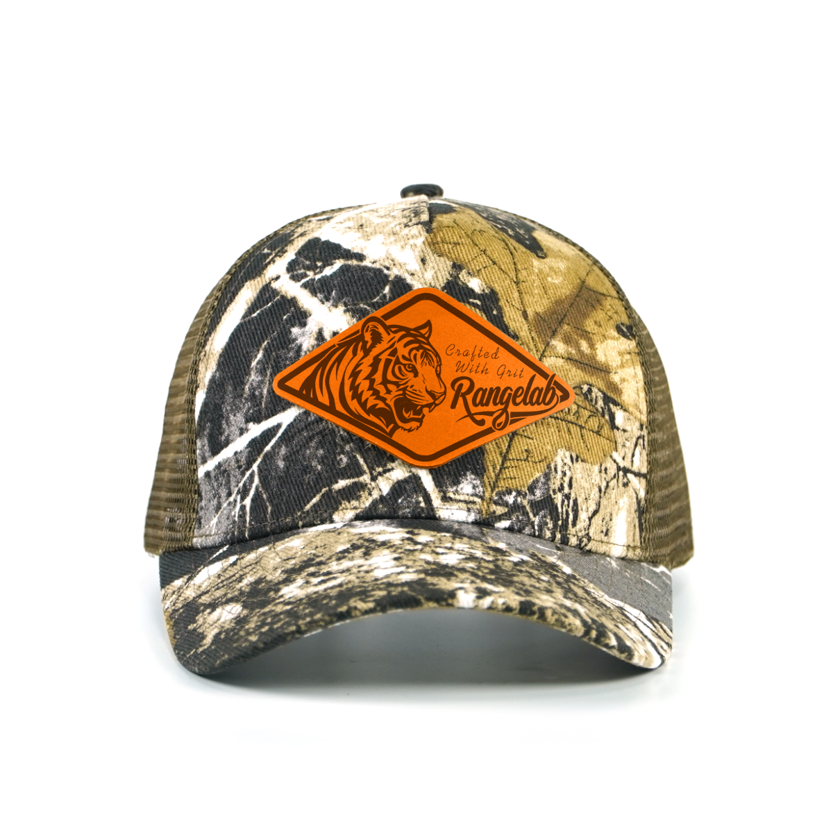 Rangelab Camo Trucker Hat - Adjustable Snapback with Leather Wildlife Patch | Outdoor Hunting Hiking