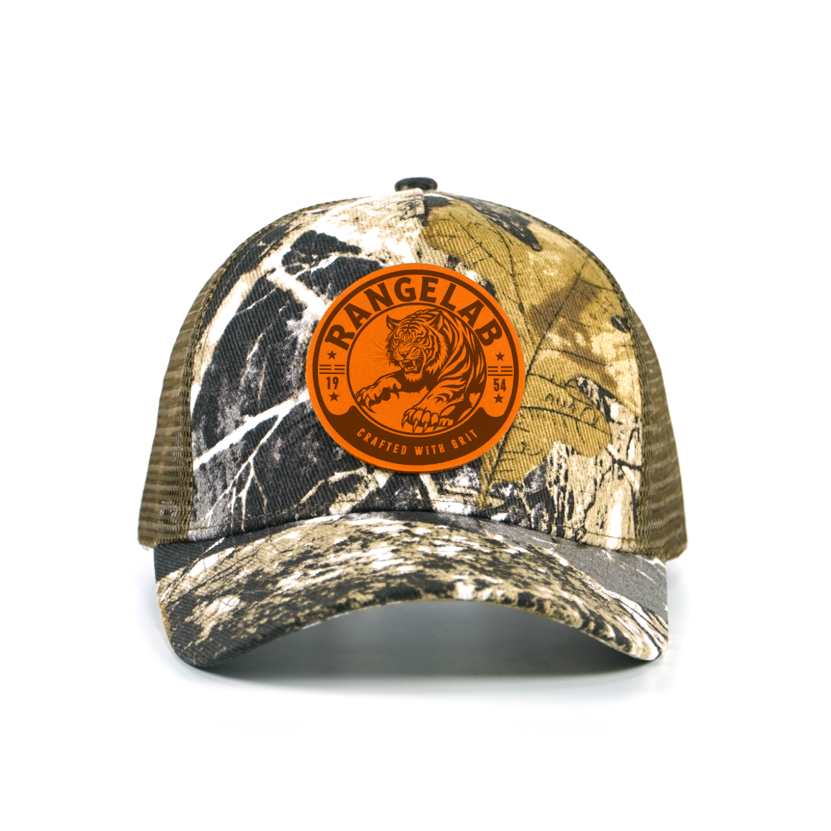 Rangelab Camo Trucker Hat - Adjustable Snapback with Leather Wildlife Patch | Outdoor Hunting Hiking